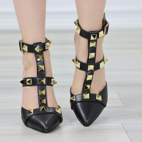 Black Pointed Toe High Heels Trendy Gold Studs Ankle Strap Stiletto's - Picture 4 of 13